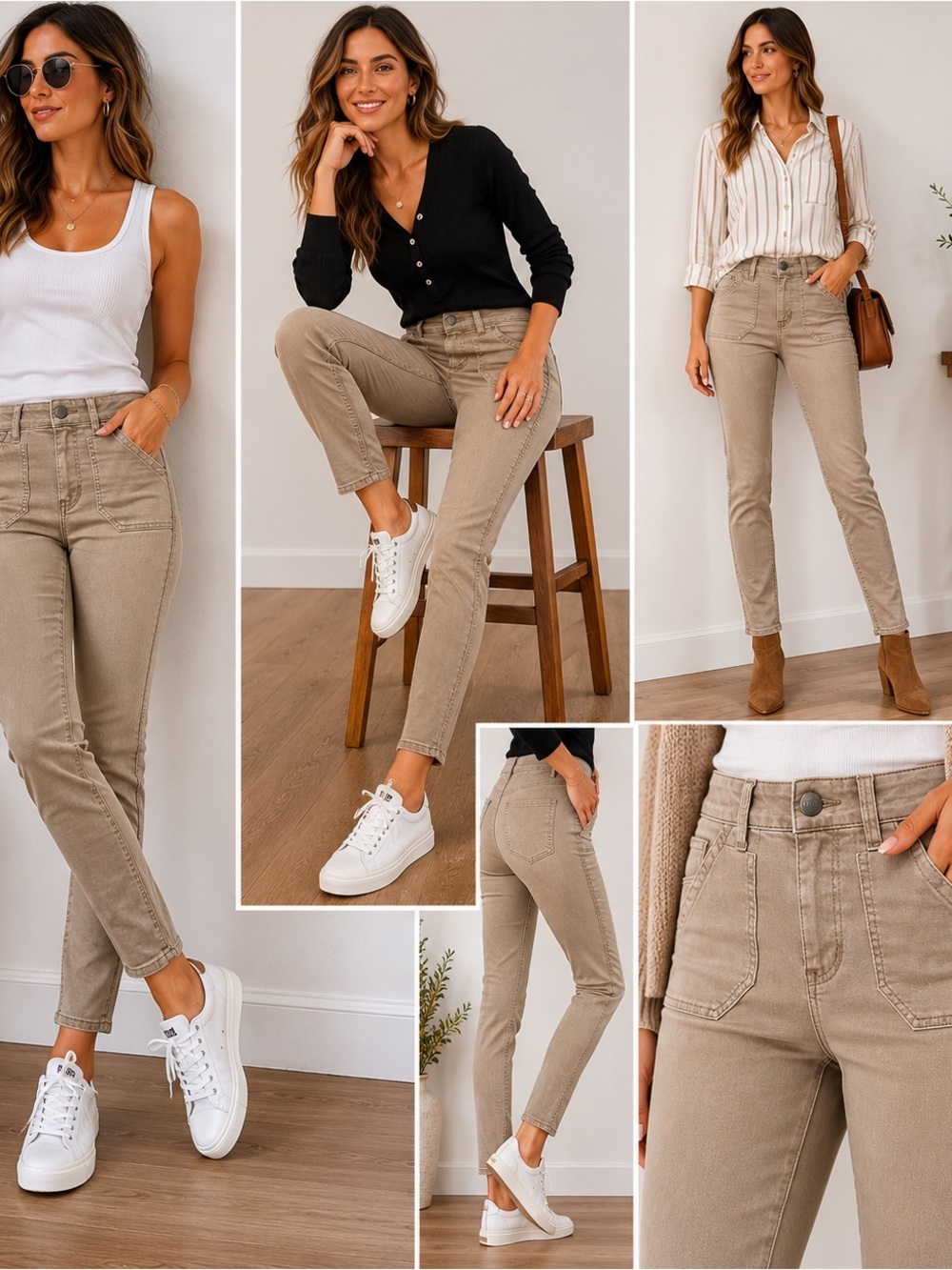 PAIGE Taupe Utility Pocket Skinny Jeans Pants